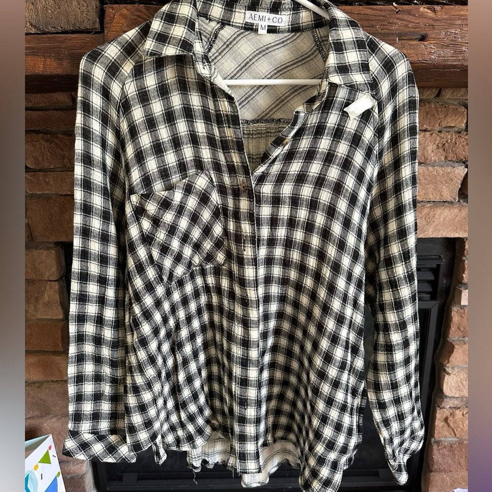 Black and Cream Plaid Button-Up Shirt